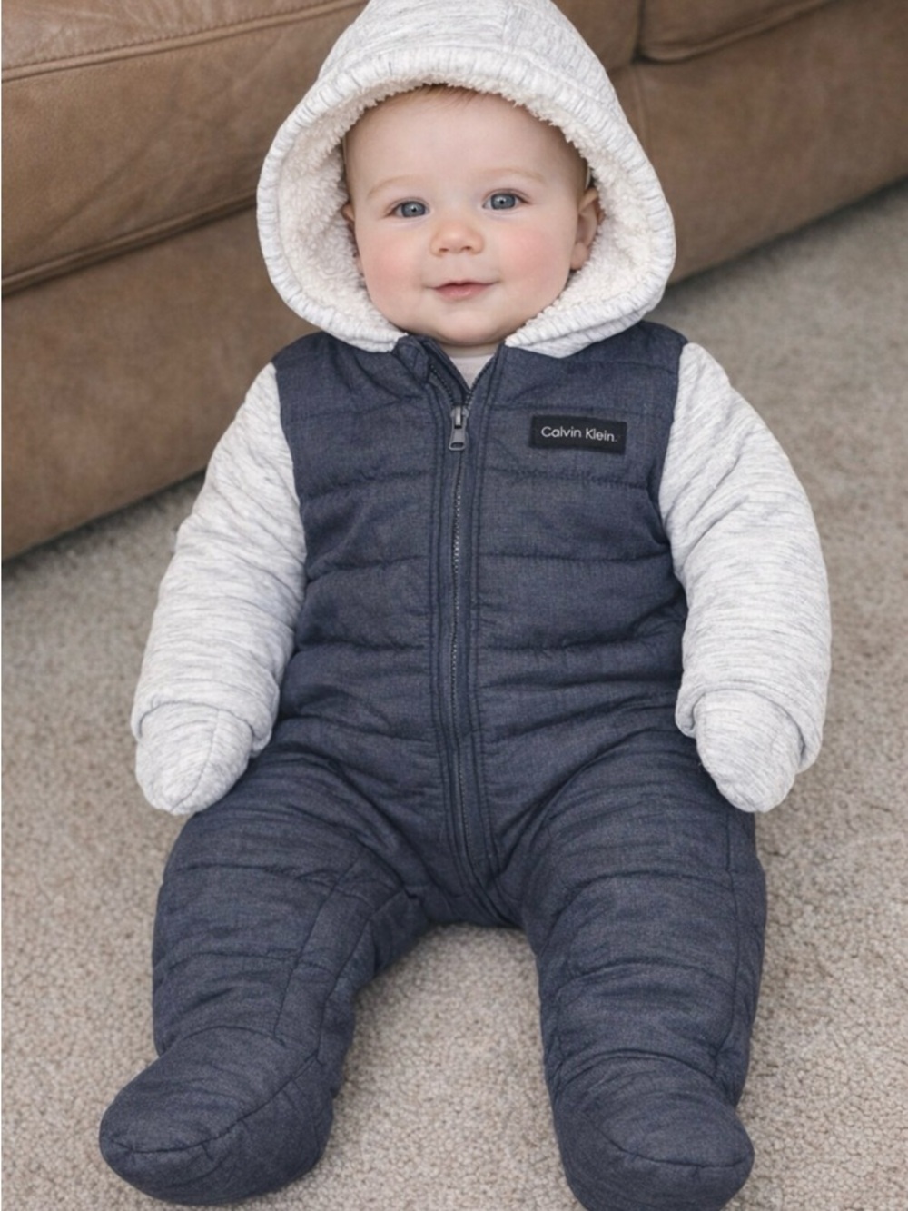 Calvin Klein Jeans Navy Puffer Snowsuit with Heather Gray Hood & Sleeves